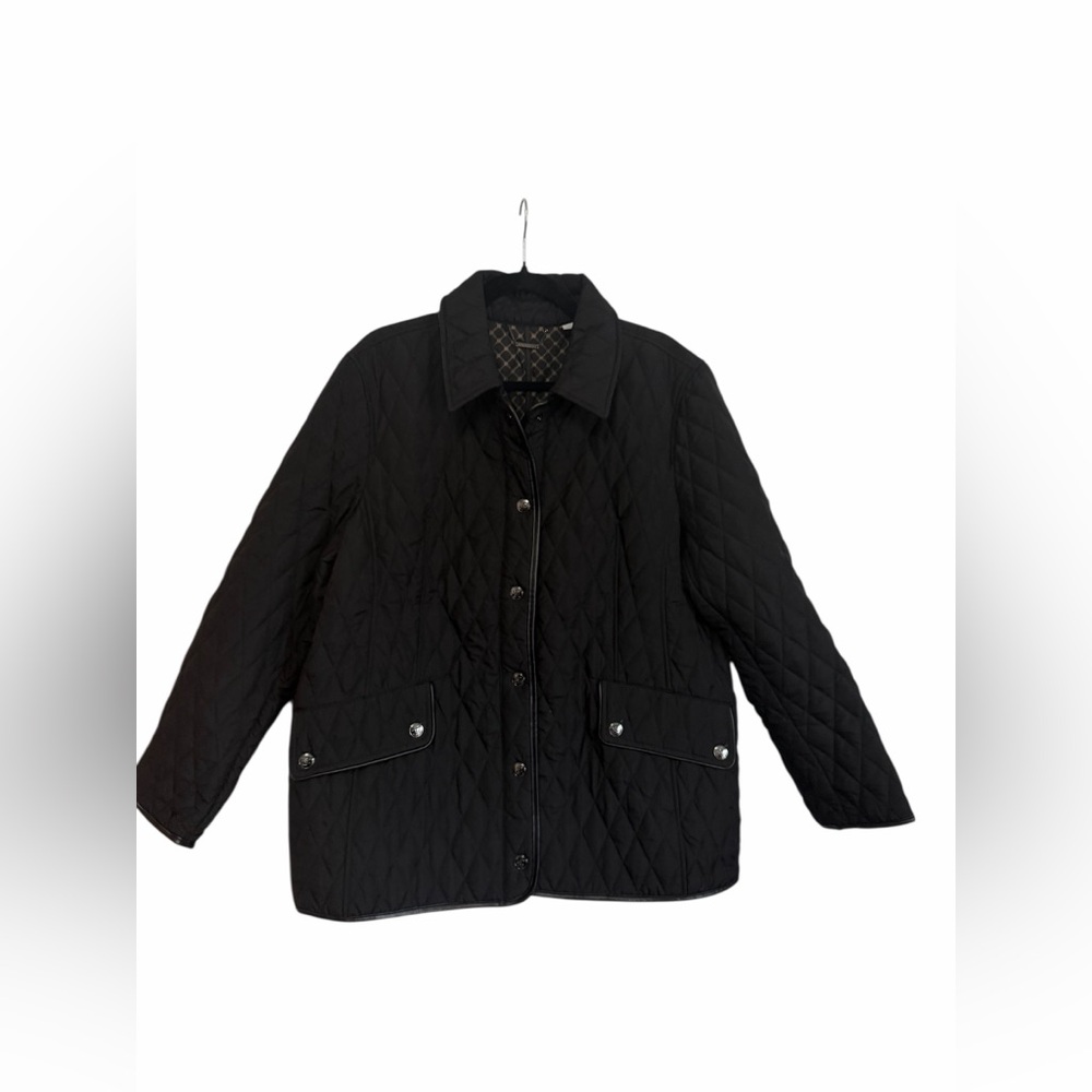 Chico’s Quilted Black Jacket Size 3/XL Faux Leather Trim Snap Front classic NWT